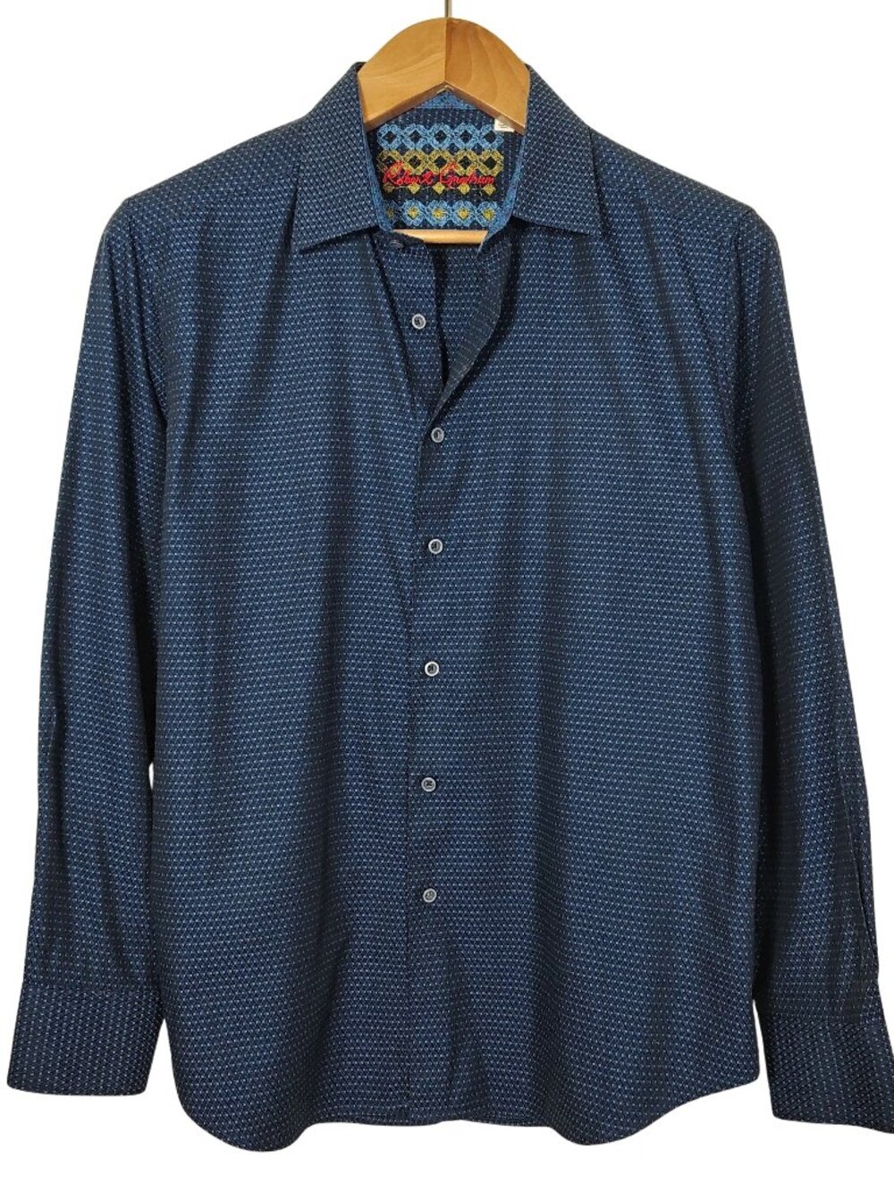 Robert Graham Mens Button Up Shirt Navy Blue Geometric Print Flip Cuffs Size XL